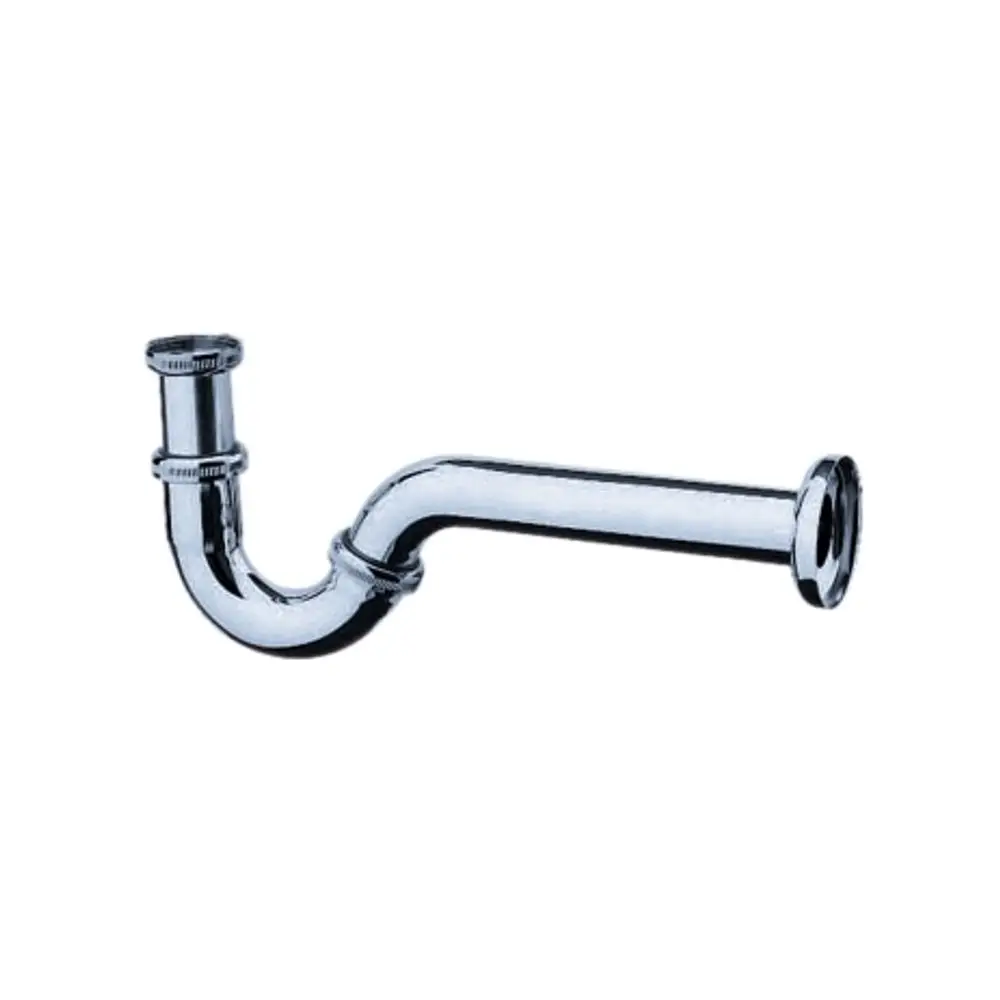 Röhrensiphon aus Chrom, gebogen, mit zwei Anschlussöffnungen, typischerweise für Bidetten. Produkt von Hansgrohe, für den Einsatz in Badezimmerinstallationen geeignet.